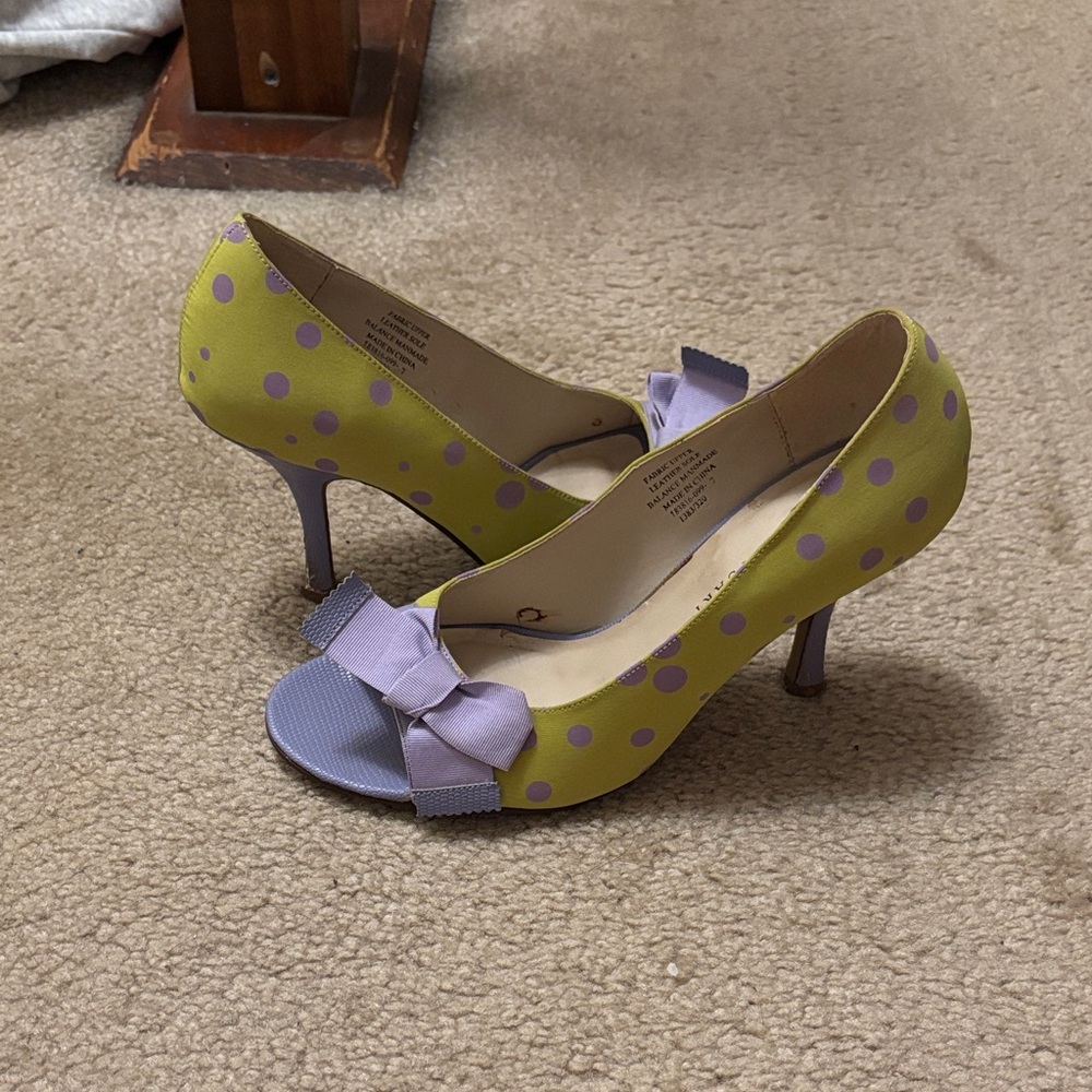Colin Stuart Lime Green Polka Dot Peep-Toe Heels with Lavender Bow